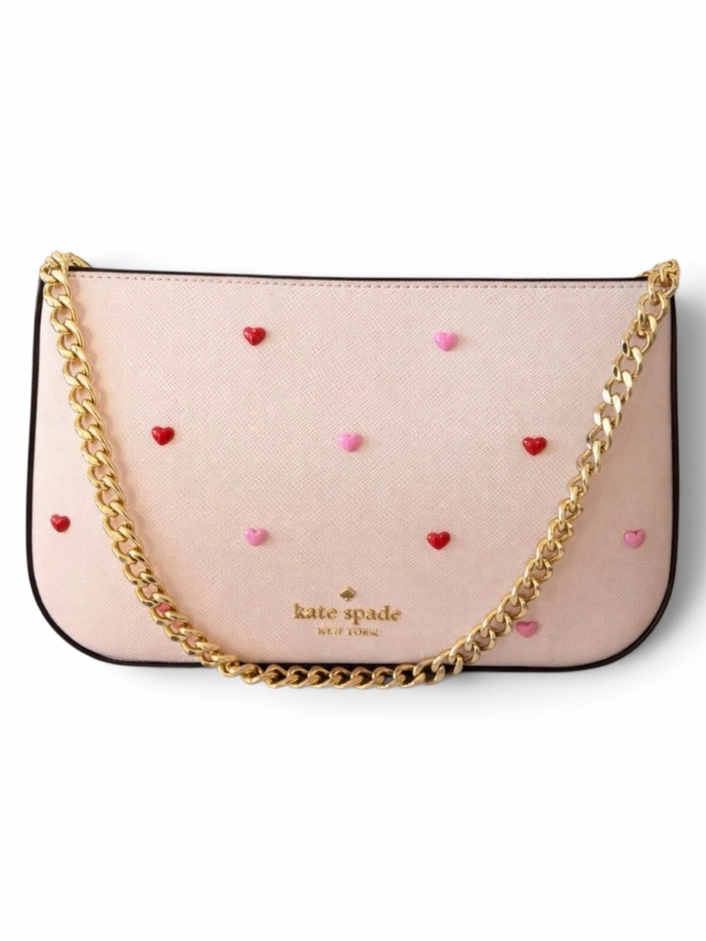 kate spade Pink Madison Heart Studs Pouch Gold Chain Strap Powdered Sugar NWT